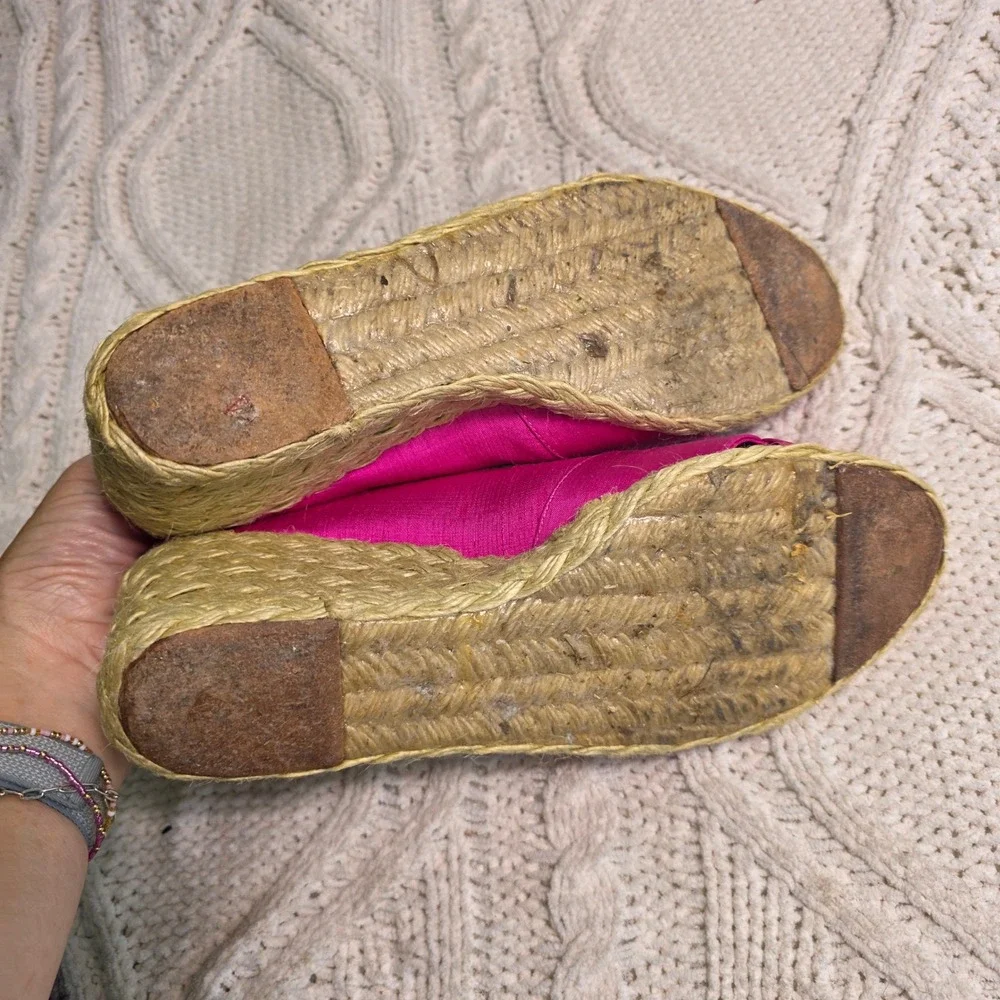 Ralph Lauren Cecilia Espadrille Wedge Heels Hot Pink Silk Peep Toe Womens 8.5B